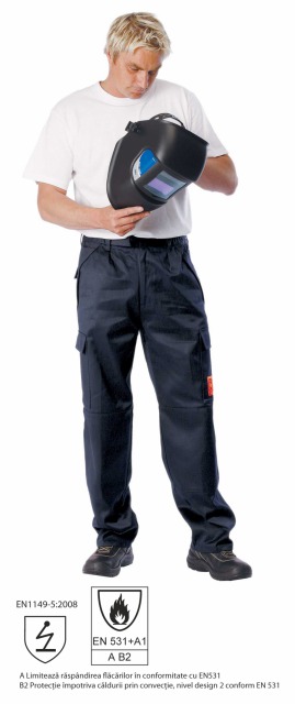 COEN Pantaloni<br/><br/>Îmbrăcăminte cu proprietăţi antistatice, concepută pentru protecţie împotriva căldurii şi a focului.<br/><br/>Material: 100% bumbac ignifugat, 360g/m2.<br/><br/>Culoare albastru închis.<br/><br/>Pantaloni cu găici pentru curea - două buzunare interioare acoperite - un buzunar la spate şi două buzunare cu clapetă aplicate pe părţile laterale - fixare Velcro - Întărituri la genunchi şi şezut