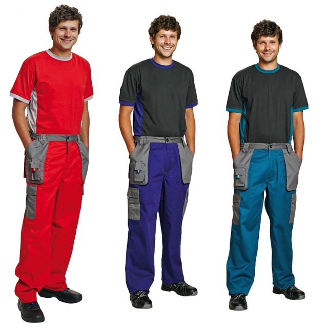 MAX EVOLUTION Pants<br/><br/>Pantaloni in talie, multiple buzunare.<br/><br/>Material: 65%poliester, 35%bumbac, 235g/mp<br/><br/>Marimi: 46 - 64<br/><br/>Culori:<br/>- rosu + gri<br/>- albastru + gri<br/>- verde + gri