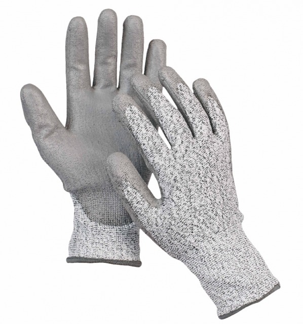 STINT                      <br/><br/>Mănuşi tricotate, fără cusături, rezistente la tăieturi (nivelul 3), cu strat de protecţie gri din PU pe palme şi degete.<br/><br/>Mărimi: 7 – 11
