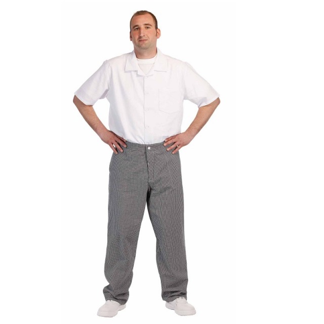 PEPITO-PANTALONI-MACELAR<br/><br/>Pantaloni de macelar cu talie ajustabila cu nasturi si doua buzunare in fata si unul in spate. Pantalonii sunt fabricati din bumbac 100%,  215gr/mp.<br/><br/>Culoare: alb-negru<br/>Marimi: 46 - 62. 