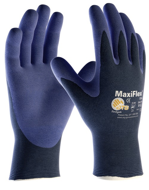MaxiFlex Elite 34-274          <br/><br/>Cod produs: 34-274<br/><br/>Manusa tricotata din nylon de culoare albastra, imersata partial in spuma de nitril albastra, foarte bun simt tactil, confort sporit, respirabila, fara silicon.<br/><br/>Marimi: 5-11