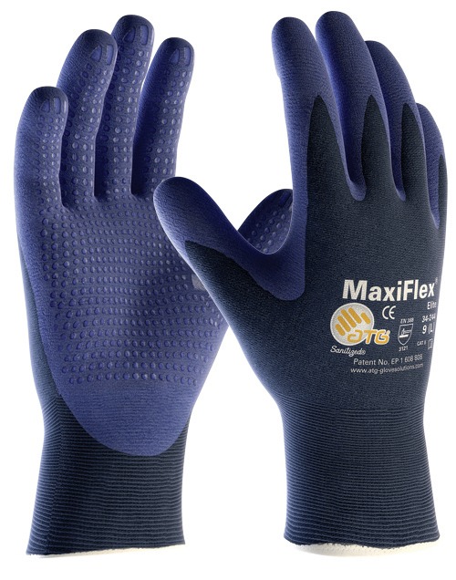 MaxiFlex Elite 34-244             <br/><br/>Cod produs: 34-244<br/><br/>Manusa tricotata din nylon de culoare albastra, imersata partial in microspuma de nitril albastru, cu aplicatii punctiforme pt aderenta sporita, respirabila, sanitizata, foarte bun simt tactil, manseta elastica.<br/><br/>Marimi: 5-12