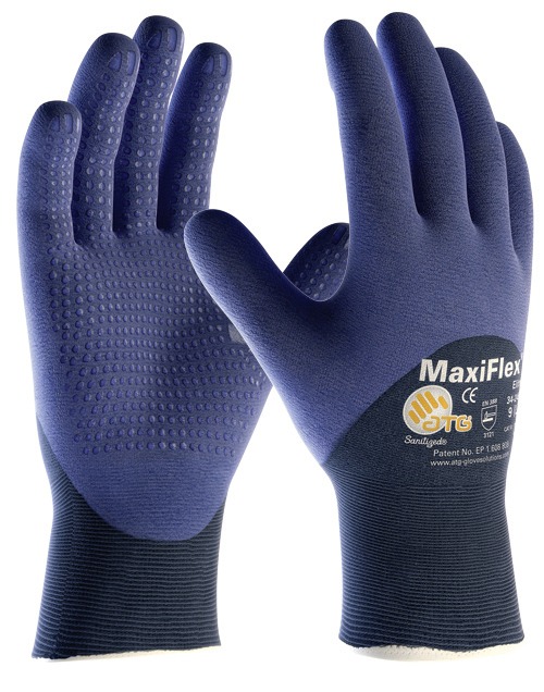 MaxiFlex Elite 34-245            <br/><br/>Cod produs: 34-245<br/><br/>Manusa tricotata din nylon albastru, imersata 3/4 in microspuma de nitril albastru, aplicatii punctiforme pt aderenta sporita, sanitizata, confort deosebit, foarte bun simt tactil, respirabila, manseta elastica.<br/><br/>Marimi: 5-11