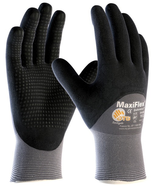 MaxiFlex Endurance 34-845<br/><br/>Cod produs: 34-845<br/><br/>Manusa tricotata din nylon gri, imersata 3/4 in spuma de poliuretan negru, cu aplicatii punctiforme pentru aderenta sporita, foarte bun simt tactil, confort sporit, manseta elastica.<br/><br/>Marimi: 5-11