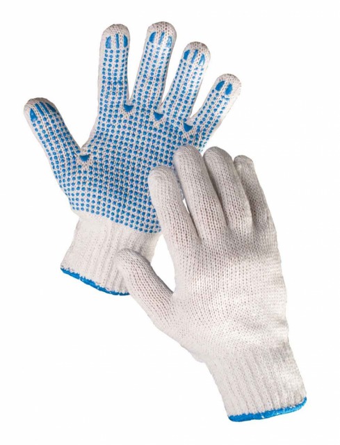 PERRY                         <br/><br/>Cod produs: 1002<br/><br/>Mănuşi tricotate din poliester/bumbac alb, manşetă elastică, pe palmă şi pe degete aplicaţii punctiforme albastre din PVC.<br/><br/>Mărimi: 9 şi 10