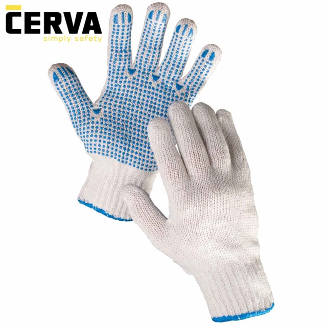 PLOVER                    <br/><br/>Mănuşi tricotate din poliester/bumbac alb, manşetă elastică, pe palmă şi pe degete aplicaţii punctiforme albastre din PVC<br/><br/>.Mărimi: 9 şi 10
