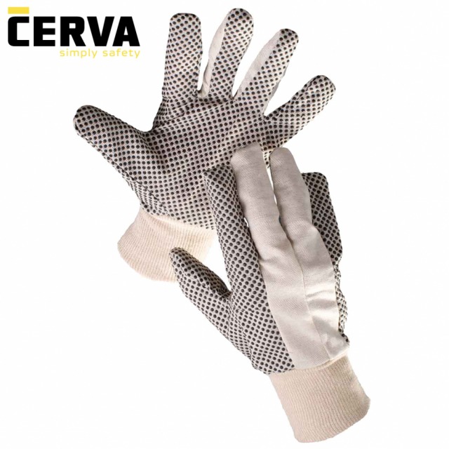 OSPREY                   <br/><br/>Mănuşi cusute - ţesătură groasă din bumbac, palma şi degetele cu puncte negre din PVC, manşetă din tricot elastic.<br/><br/>Mărimi: 10