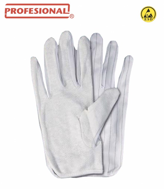 ESD Protective Gloves Eal<br/><br/>cu aplicatii punctiforme din PVC pe palma si pe degete.<br/><br/>100% poliester cu fibre de carbon de10 mm.